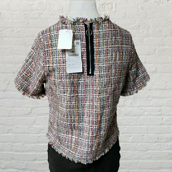 ZARA Trafaluc NWT small multicolor tweed fringe crew neck tshirt w zipper - Picture 11 of 12